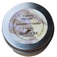Candle Elegance lavender vanilla scented beeswax candle in a tin on a white background