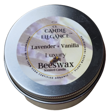 Candle Elegance lavender vanilla scented beeswax candle in a tin on a white background