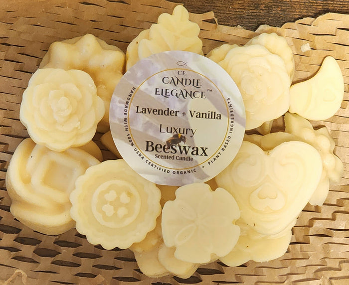 Creamy yellow organic ingredient beeswax candle melts. 4 oz rose, bird, heart, seashell, leaf and bloom shapes.