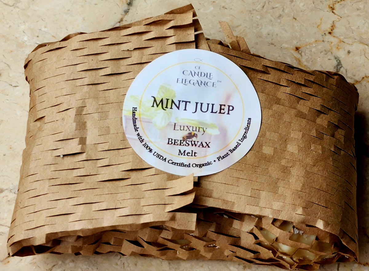 Beeswax melt in brown paper packaging with a label on a beige background