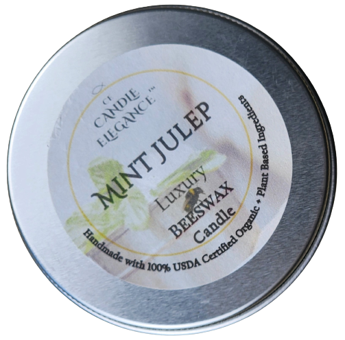 Candle container labeled 'Mint Julep' with 'Candle Elegance' branding on a white background.