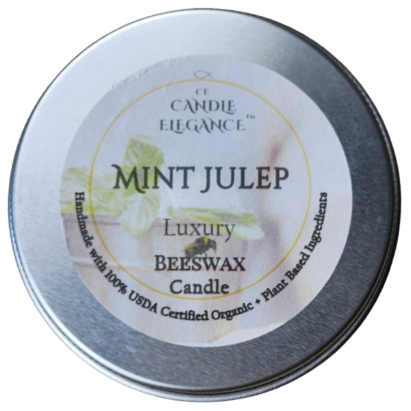 Mint Julep candle in a silver tin with a label on a white background