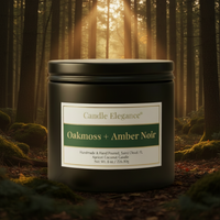 A large matte black candle tin labeled 'Candle Elegance Oakmoss + Amber Noir' sits in a sunlit forest with tall trees and mossy ground visible in the background.