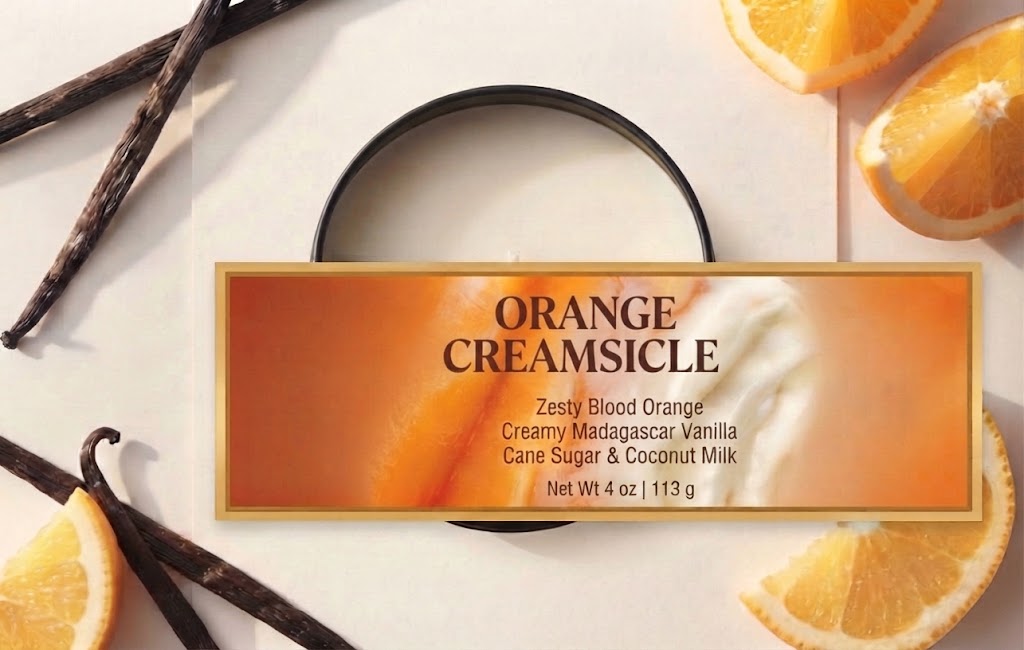 A rectangular product label for Orange Creamsicle sits over a round container of whipped cream, styled with orange slices and vanilla beans on a white surface.