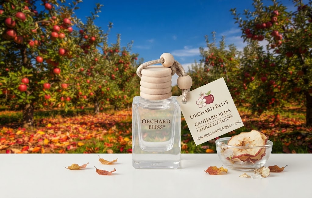 Orchid Bliss Cashmere Blossom candle elegance diffuser bottle with a wooden bead stopper and a hanging tag, displayed on a white surface with dried flower petals and a small bowl, set against an orchard background.