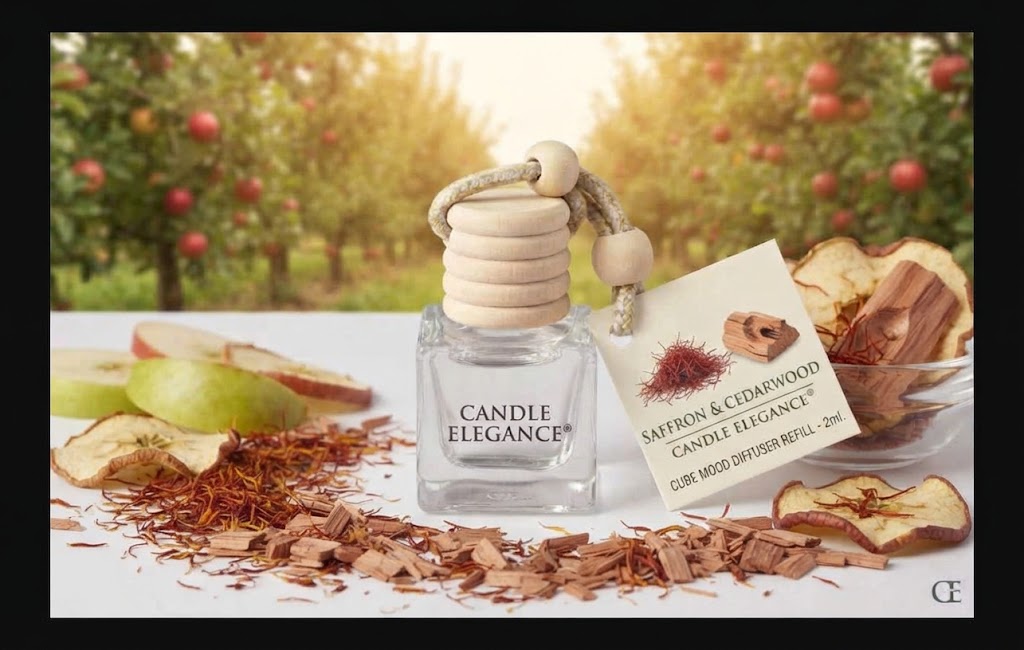 A clear glass perfume or candle diffuser bottle labeled 'CANDLE ELEGANCE' with a stacked wood cap and cord, shown on a white surface with dried tea leaves, apple slices, and a product tag. The background is a softly blurred apple orchard.
