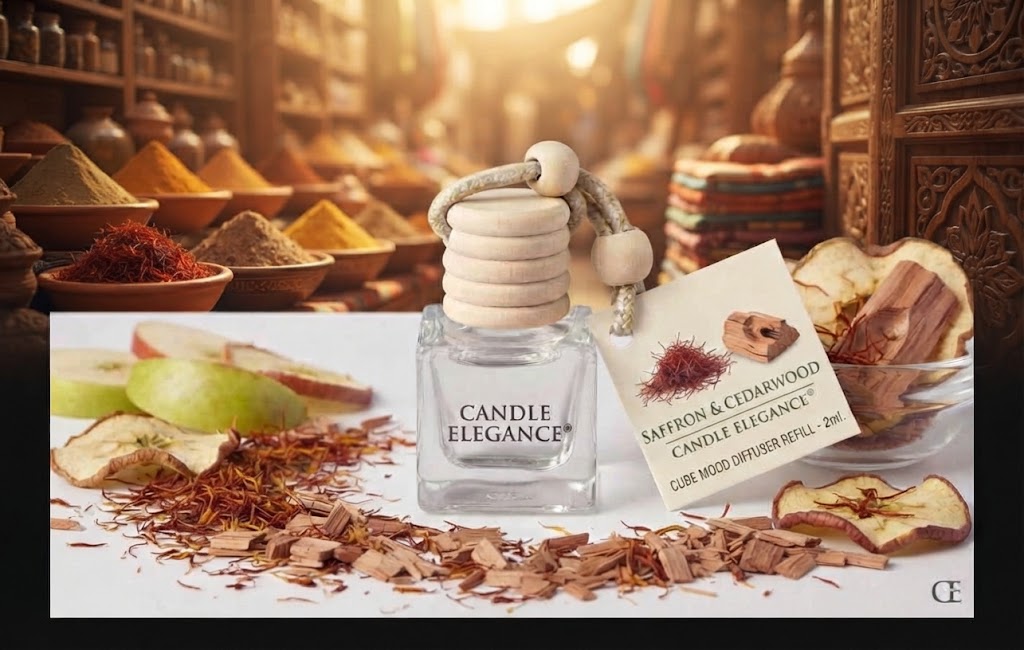 A glass candle diffuser bottle labeled 'CANDLE ELEGANCE' with a stacked wooden wick holder and a product tag reading 'SABRON & CEDARWOOD CANDLE ELEGANCE CUBE MOOD DIFFUSER REFILL - 240'. The bottle is styled on a white surface with cinnamon, apple slices, and spices in a warm, rustic apothecary-style setting.