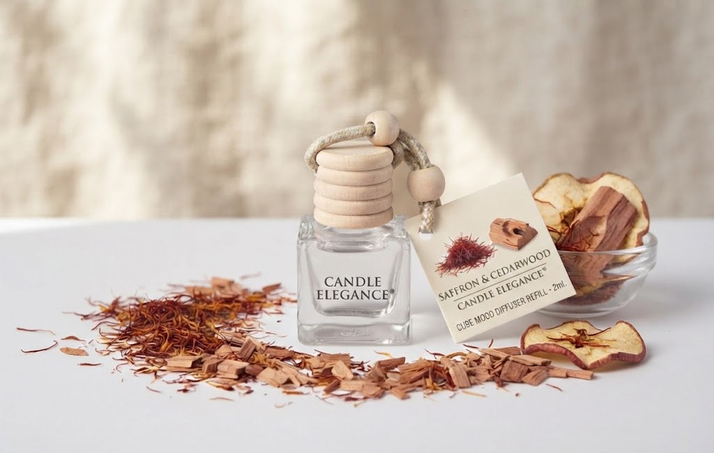 A clear glass diffuser bottle labeled CANDLE ELEGANCE stands on a white surface with dried saffron threads scattered around it. A small card attached to the bottle reads Saffron & Cedarwood, and a glass bowl containing dried apple slices sits to the right against a softly blurred neutral background.