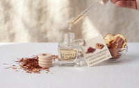 A small clear glass perfume bottle labeled Candle Elegance with a dropper above it, set on a white surface with saffron threads, a wooden diffuser, and dried citrus slices. A hand is holding the dropper.