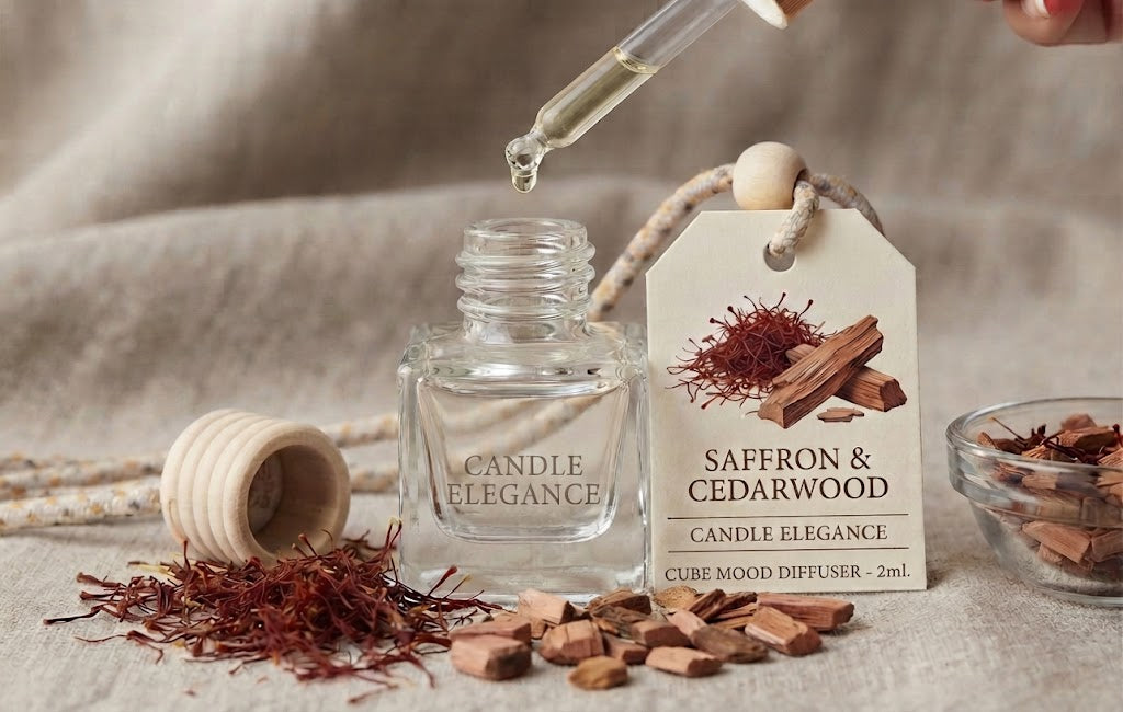 A clear glass cube mood diffuser bottle labeled 'Candle Elegance' with a hanging tag reading 'Saffron & Cedarwood' and a glass dropper above it, styled with saffron threads, wood chips, and a small bowl on a beige fabric surface.