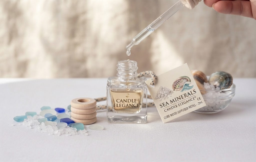 A clear glass bottle labeled 'Candle Elegance' with a glass dropper above it, alongside a card reading 'Sea Minerals' and decorative stones and a small bowl on a white surface.