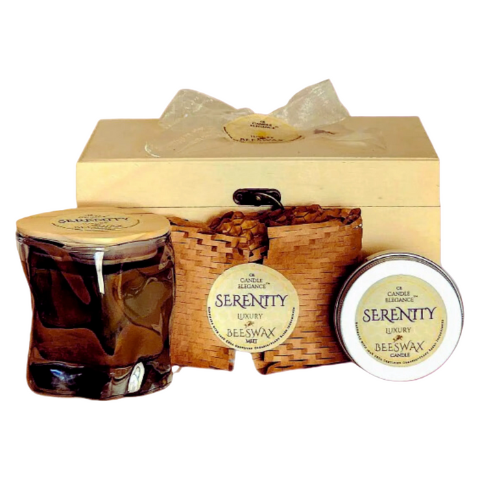 4  oz Candle 4 oz Travel Candle 4 oz Melts  The Serenity Trio Gift Box Set is a carefully crafted scent experience that features eucalyptus, niaouli, and lavender. The top note of eucalyptus provides a lemony refreshment from Brazil, while the middle note of niaouli has a sweet and fresh camphoraceious smell. The bottom note of lavender, used since ancient times, provides a rich floral scent.  Enjoy the captivating aroma and let the creative formulation transport you to a world of serenity and tranquility.