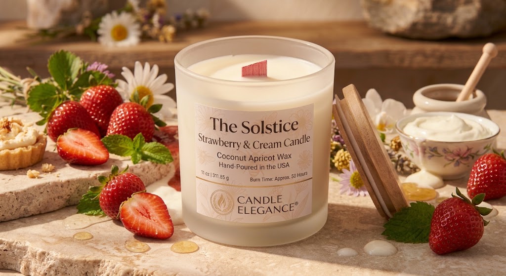 A frosted glass candle jar labeled 'The Solstice Strawberry & Cream Candle' by Candle Elegance, styled on a rustic stone surface with strawberries, cream, flowers, and wooden sticks in a warm, natural setting.