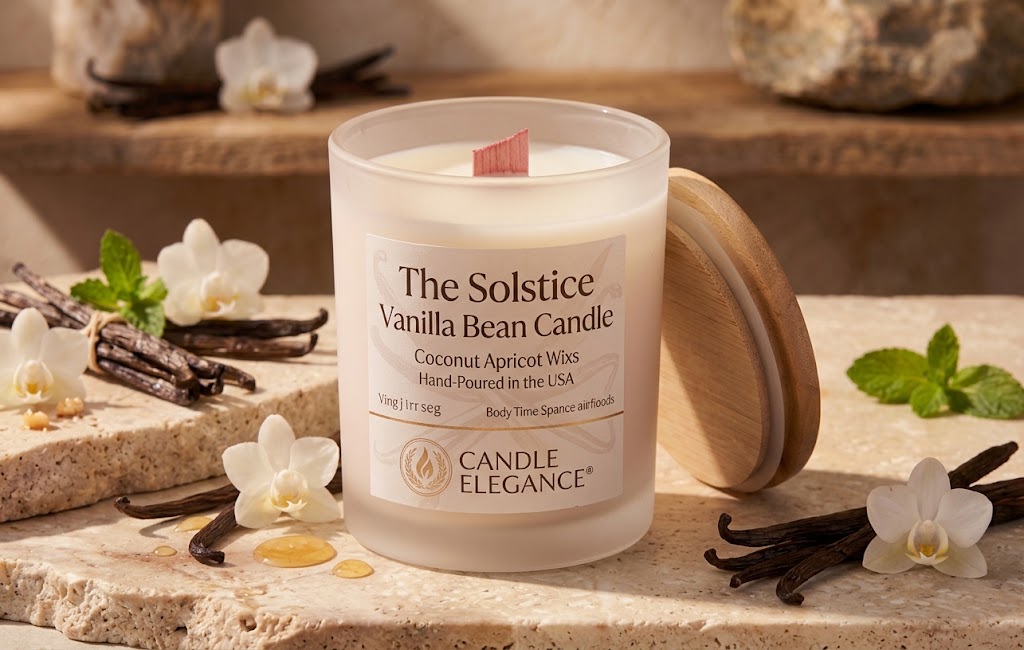 A frosted glass candle jar labeled 'The Solstice Vanilla Bean Candle' by Candle Elegance, shown with a  pink wooden wick & wooden lid leaning against it on a stone surface. Vanilla beans, white flowers, mint leaves, and warm ambient lighting create a styled product scene.