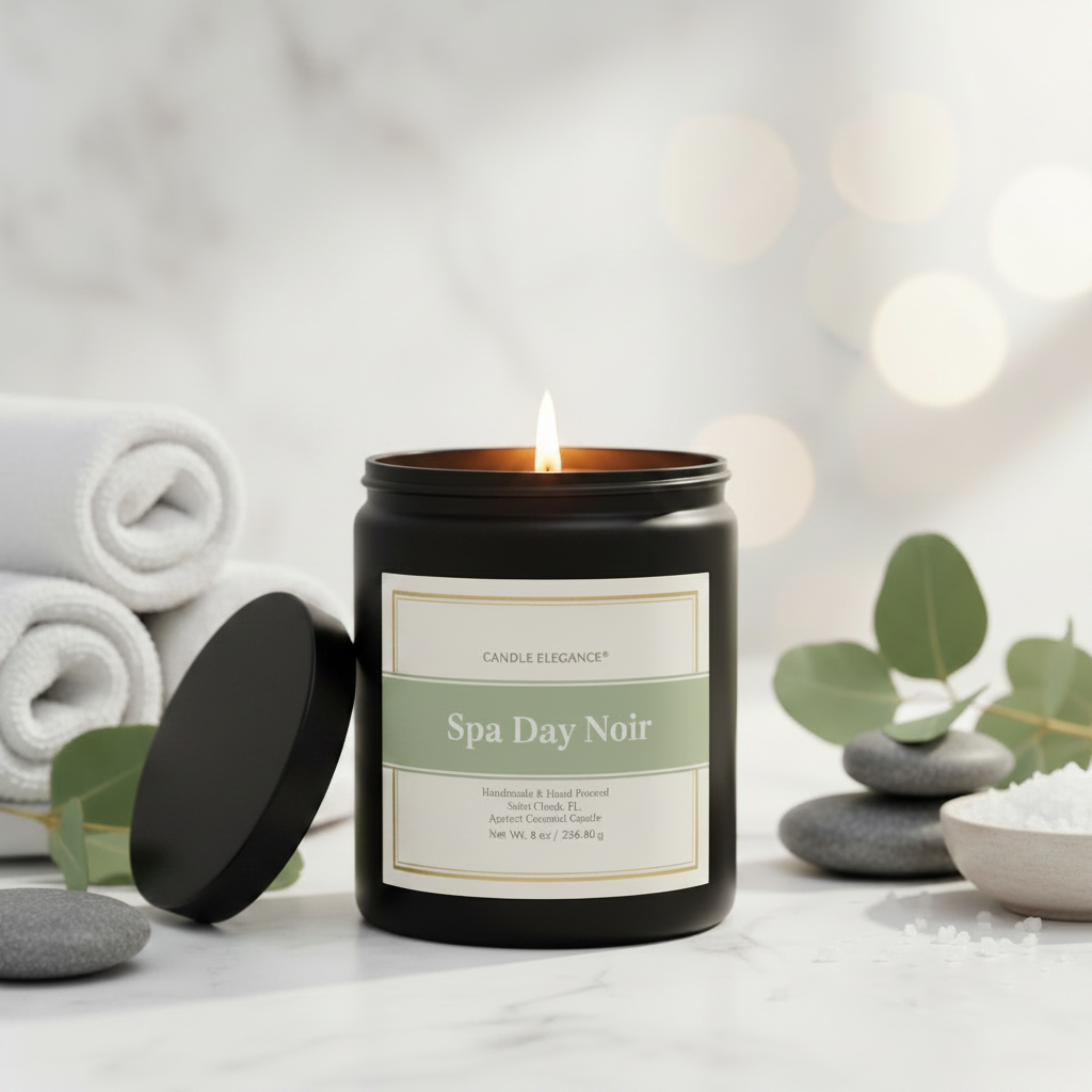 A lit black glass jar candle labeled 'Spa Day Noir' by Candle Elegance, styled on a marble surface with rolled towels, eucalyptus leaves, and smooth stones in a spa-inspired setting.
