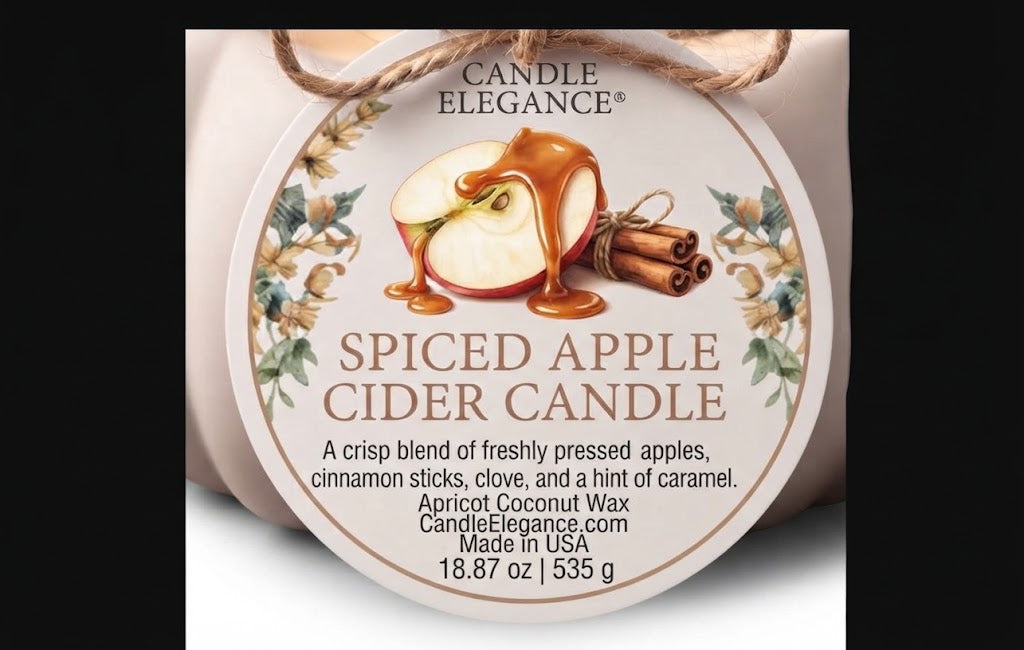 A round wax melt label for Candle Elegance Spiced Apple Cider Candle, featuring an illustration of a sliced apple with caramel, cinnamon sticks, and floral accents on a cream background.