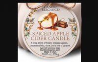 A round wax melt label for Candle Elegance Spiced Apple Cider Candle, featuring an illustration of a sliced apple with caramel, cinnamon sticks, and floral accents on a cream background.