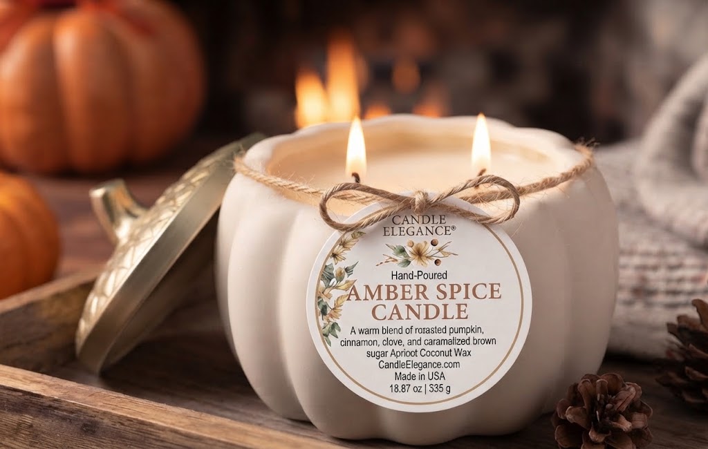 A hand-poured pumpkin-shaped candle labeled 'Amber Spice Candle' by Candle Elegance, lit with two flames and wrapped in twine with a bow. The candle sits on a rustic wooden surface with pumpkins, pinecones, and a blurred warm background.
