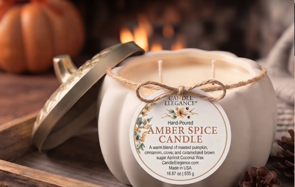 A hand-poured amber spice candle in a cream-colored jar with a gold lid resting beside it, tied with a jute twine bow. The round label reads 'Candle Elegance' and 'Amber Spice Candle.