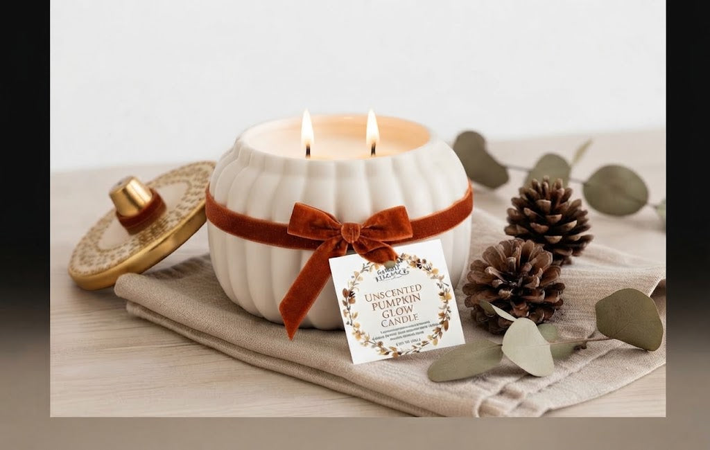 A white ribbed pumpkin-shaped candle with two lit wicks, wrapped with a rust-brown ribbon and a product tag, styled on a beige cloth with pinecones, eucalyptus leaves, and a gold lid on a light wood surface.
