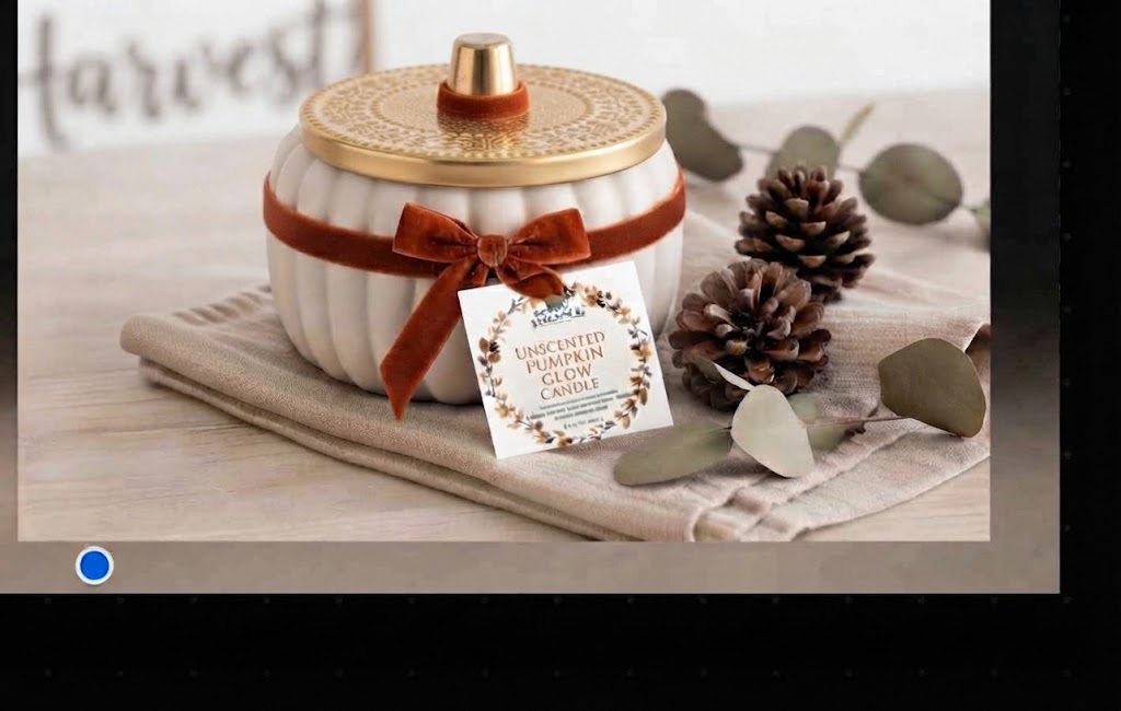 A white ribbed ceramic jar candle with a gold lid and a brown ribbon bow, displayed on a beige cloth with pinecones and eucalyptus leaves. A product tag is attached to the front.