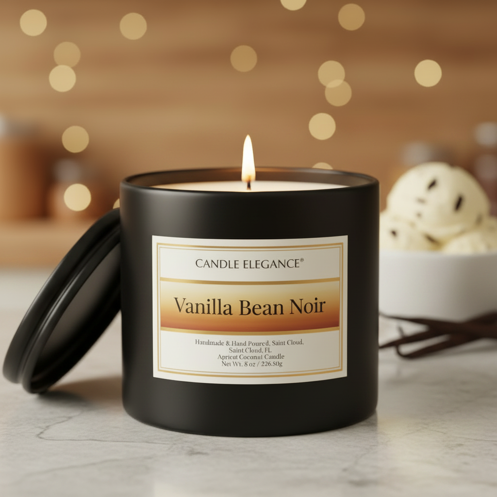 A lit black candle jar labeled 'Candle Elegance Vanilla Bean Noir' sits on a light marble surface with its lid leaning beside it. The background is softly blurred with warm bokeh lights and a small bowl of vanilla ice cream, suggesting a cozy indoor setting.