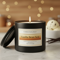 A lit black candle jar labeled 'Candle Elegance Vanilla Bean Noir' sits on a light marble surface with its lid leaning beside it. The background is softly blurred with warm bokeh lights and a small bowl of vanilla ice cream, suggesting a cozy indoor setting.