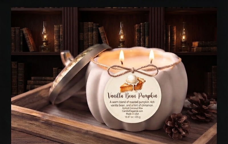 A pumpkin-shaped candle with a silver lid leaning beside it on a wooden tray, set in front of a dark bookshelf background. The candle has two lit wicks and a round paper label reading 'Vanilla Bean Pumpkin' with a pumpkin slice illustration.