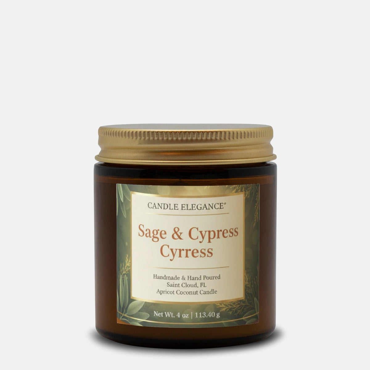 A 4 oz amber glass jar candle with a gold metal lid and a cream label reading 'Candle Elegance Sage & Cypress'.
