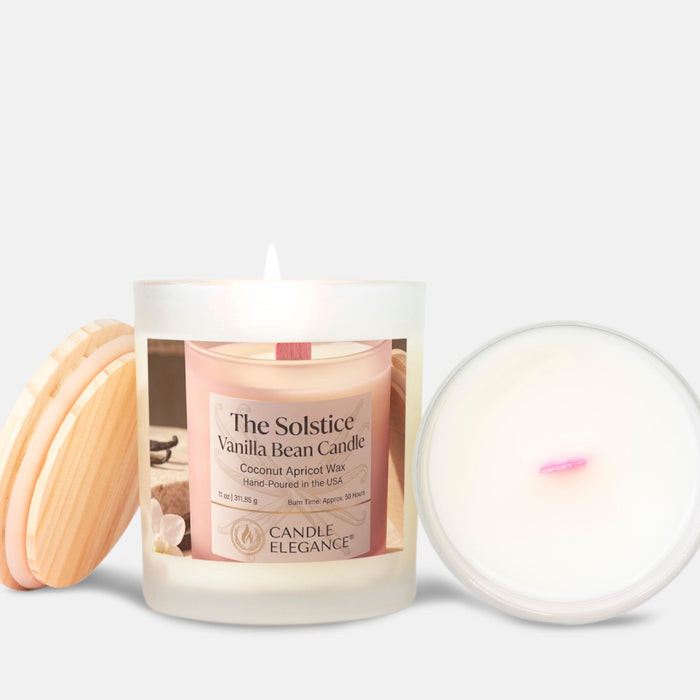 A frosted glass jar candle labeled 'The Solstice Vanilla Bean Candle' by Candle Elegance, shown with a light wood lid on the left and the open wax pool on the right against a light gray background.