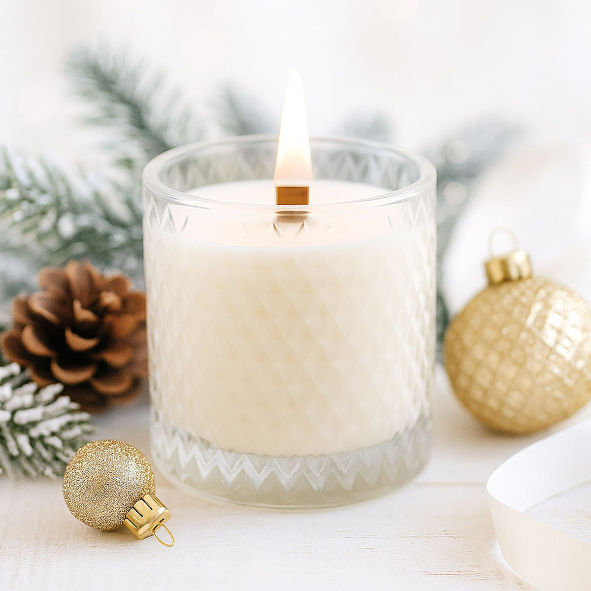 Candle in a glass holder with Christmas decorations on a white surface