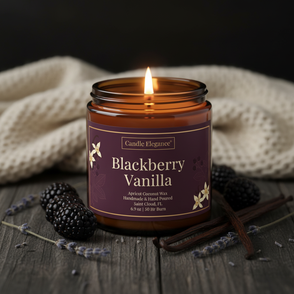 A lit amber glass jar candle labeled Candle Elegance Blackberry Vanilla, styled on a dark wooden surface with blackberries, lavender sprigs, vanilla beans, and a cream knit blanket in the background.