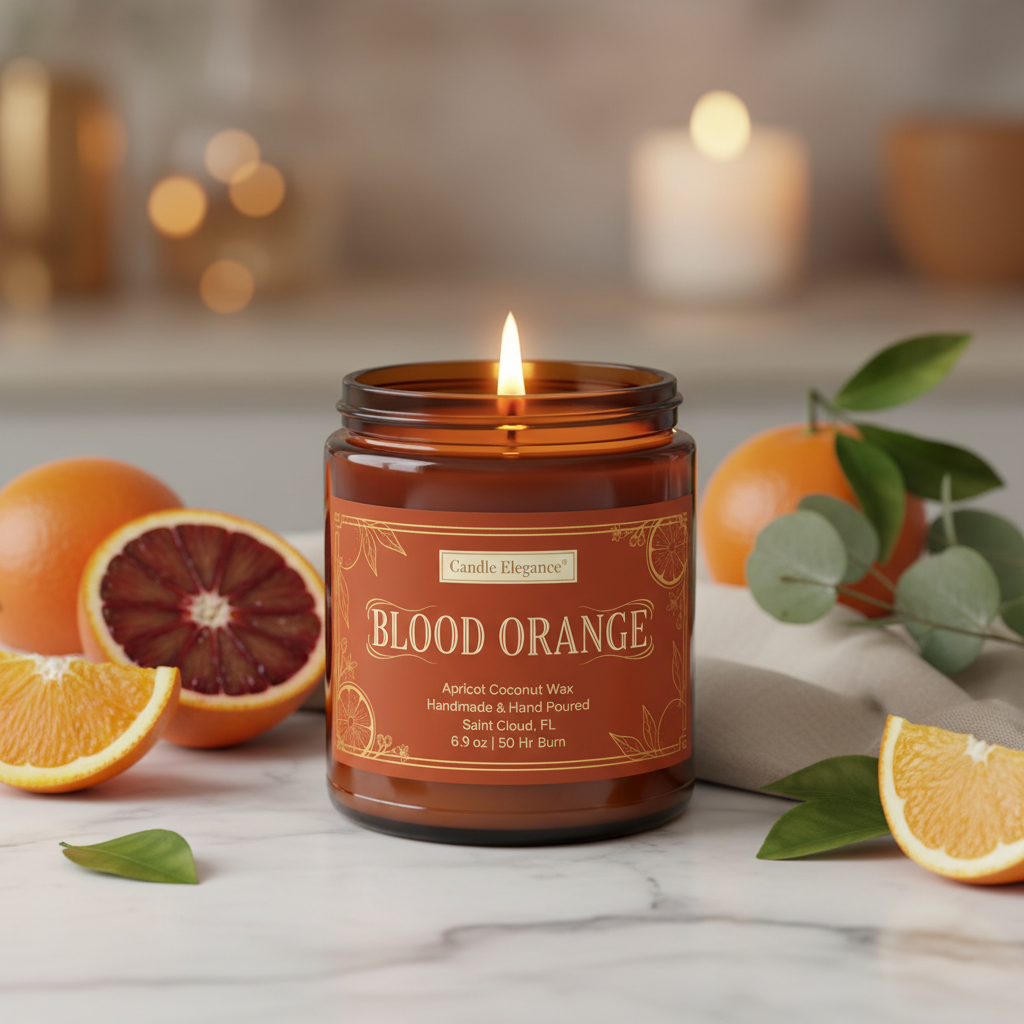 A lit amber glass candle jar labeled 'Blood Orange' by Candle Elegance, placed on a marble surface with oranges, sliced citrus, and green leaves around it in a softly blurred indoor setting.