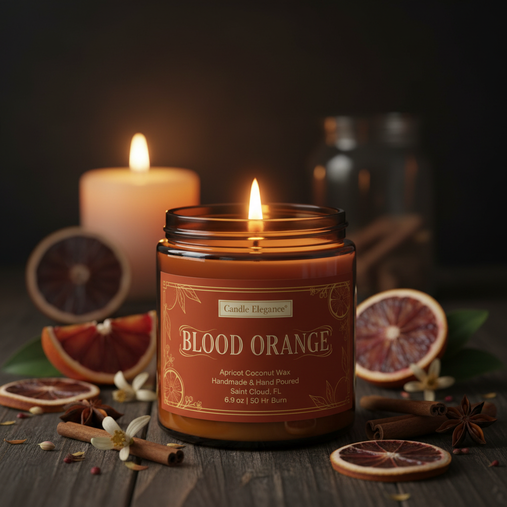 A lit amber glass candle jar labeled 'Blood Orange' by Candle Elegance, styled on a dark wooden surface with dried orange slices, cinnamon sticks, flowers, and blurred lit candles in the background.