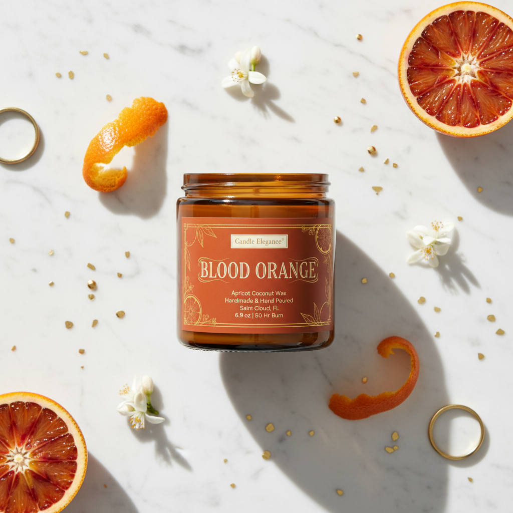 A jar candle labeled Blood Orange by Candle Heymans, styled in a flat lay on a white marble surface with sliced blood oranges, orange peels, gold rings, and small white flowers.
