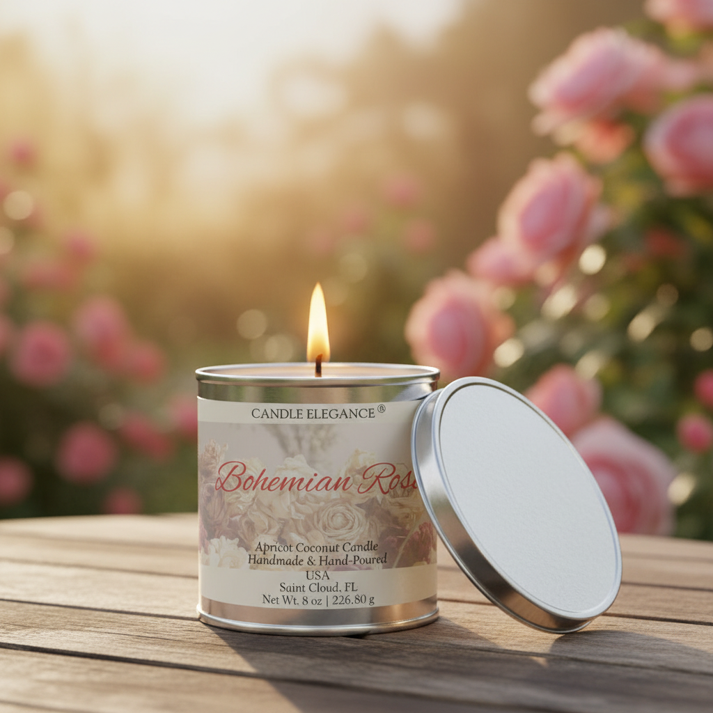 A lit metal tin candle labeled 'Candle Elegance Bohemian Rose' sits on a wooden surface with its lid beside it, set against a softly blurred outdoor background of pink flowers and warm sunlight.