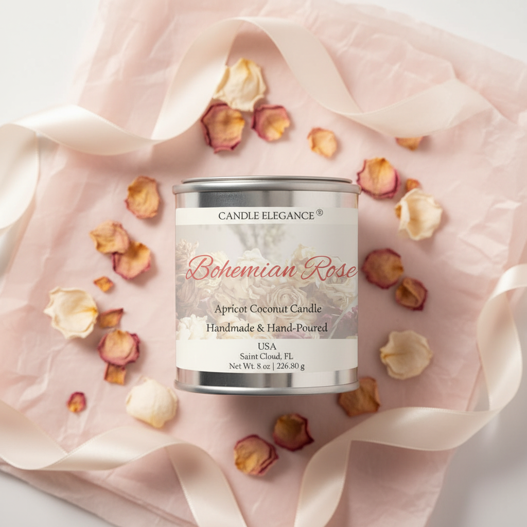 A silver tin candle labeled 'Candle Elegance Bohemian Rose' sits on pale pink tissue paper with scattered dried rose petals and ribbon around it.