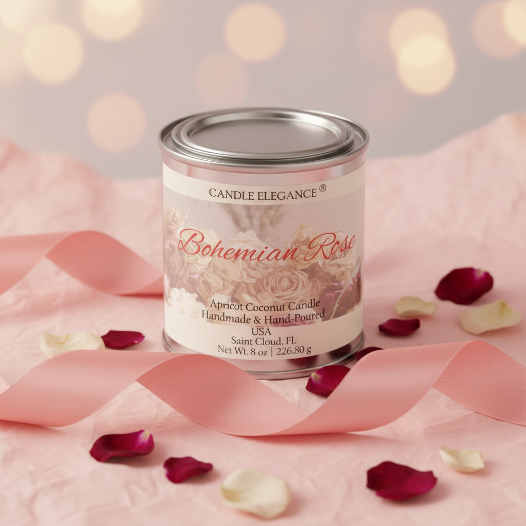A tin candle labeled 'Candle Elegance Bohemian Rose' sits on pink fabric with scattered rose petals and ribbon. The candle tin has a silver lid and a cream label with pink script and floral artwork.