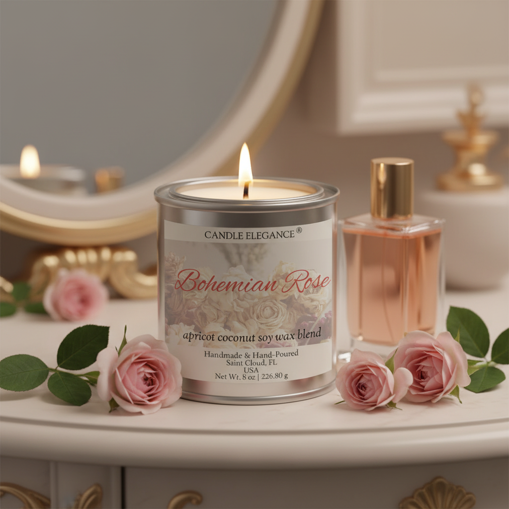 A lit candle in a silver tin labeled 'Candle Elegance Bohemian Rose' sits on a white vanity table with pink roses, a perfume bottle, and a mirror in the background.