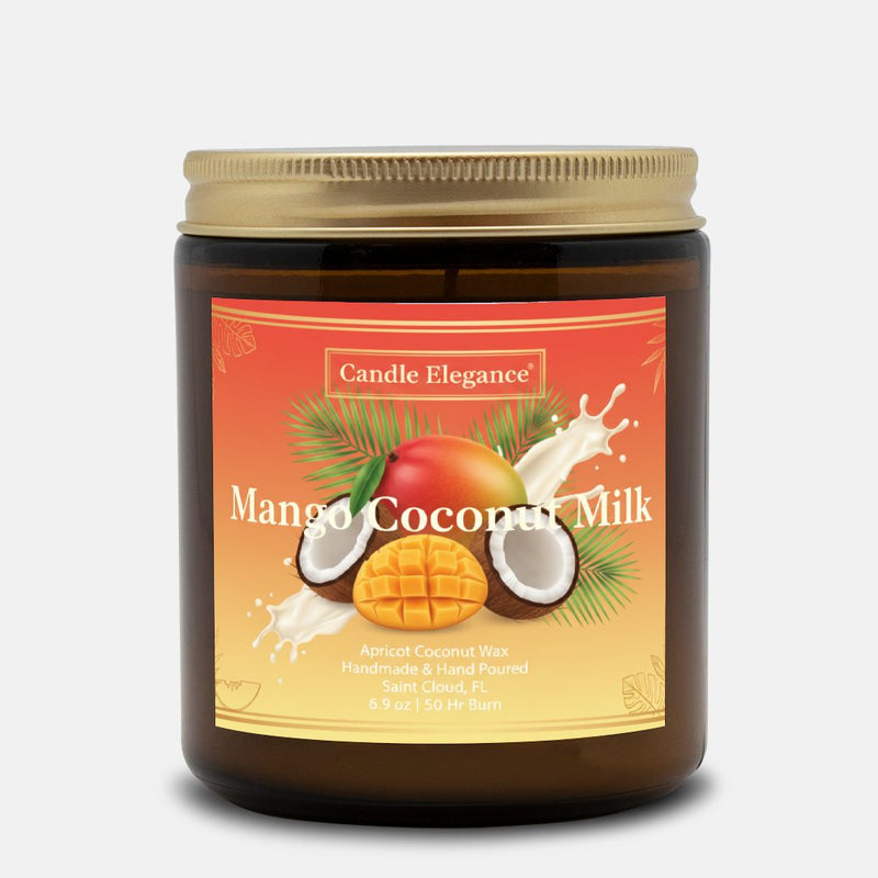 A Candle Elegance Mango Coconut Milk scented candle in a dark amber glass jar with a gold metal lid, set against a light gray background.