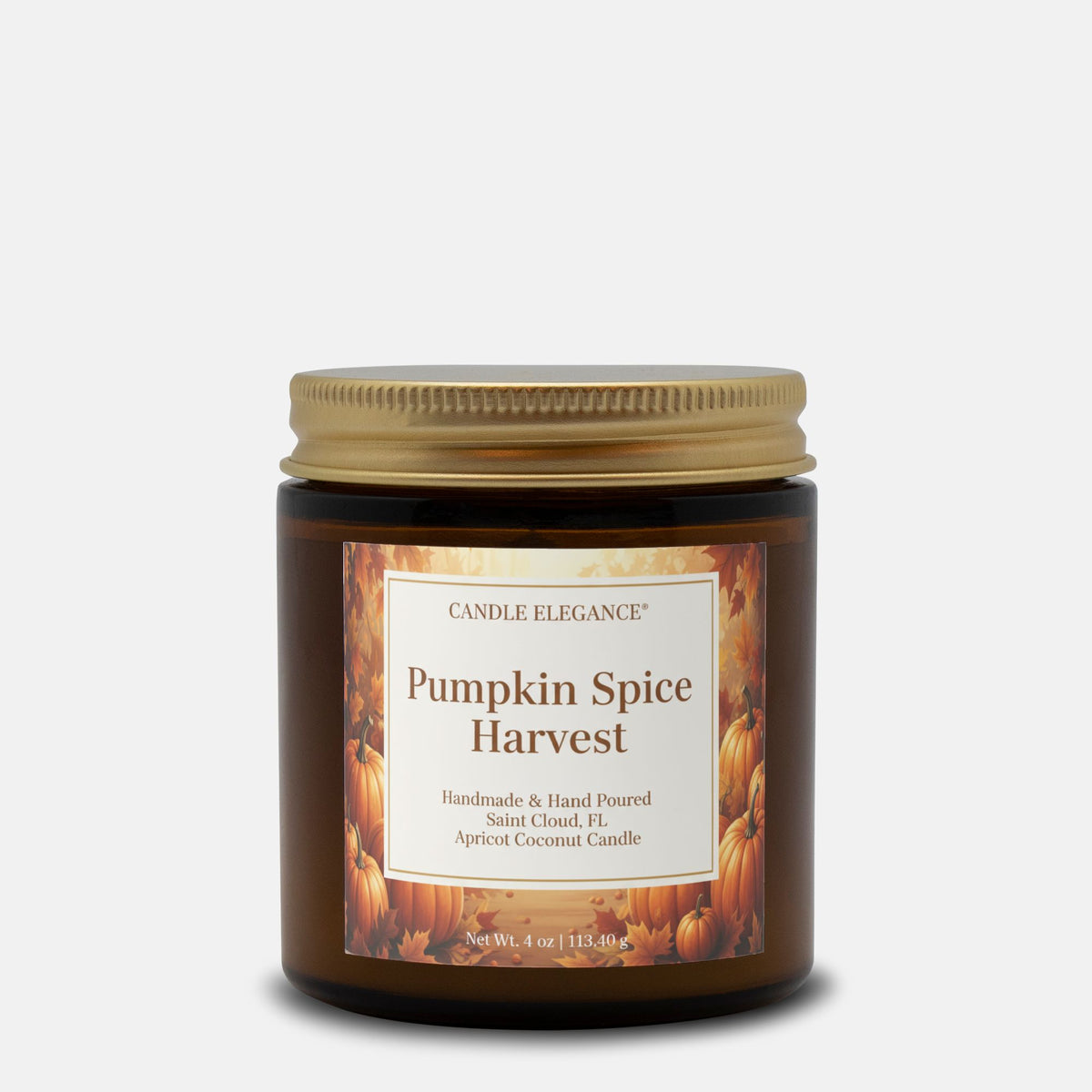 A 4 oz amber glass jar candle with a gold metal lid and a label reading 'Pumpkin Spice Harvest' by Candle Elegance, set against a plain light gray background.