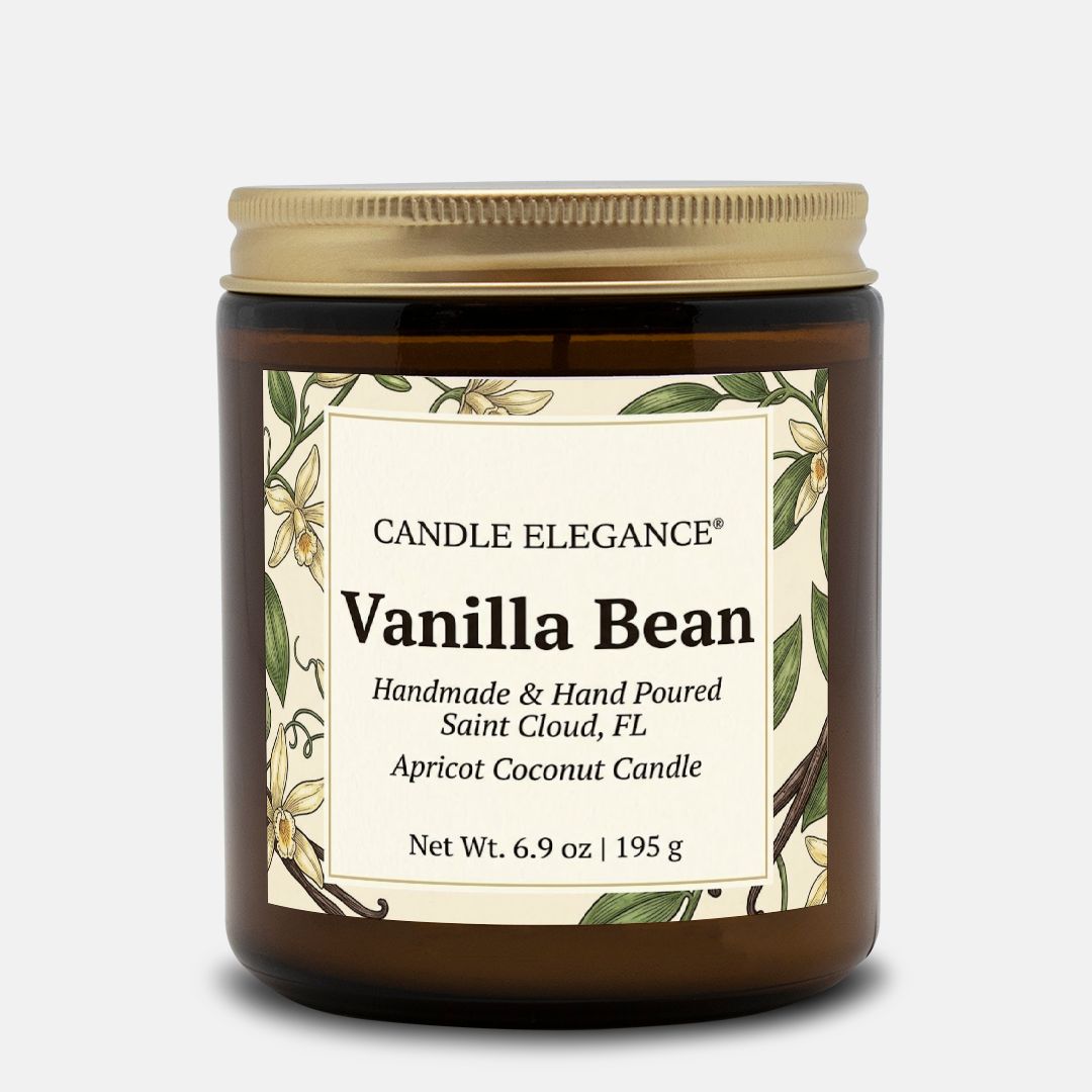 A jar candle labeled 'Candle Elegance Vanilla Bean with a cream label featuring vanilla flower illustrations, set against a light gray background.