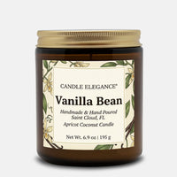 A jar candle labeled 'Candle Elegance Vanilla Bean with a cream label featuring vanilla flower illustrations, set against a light gray background.