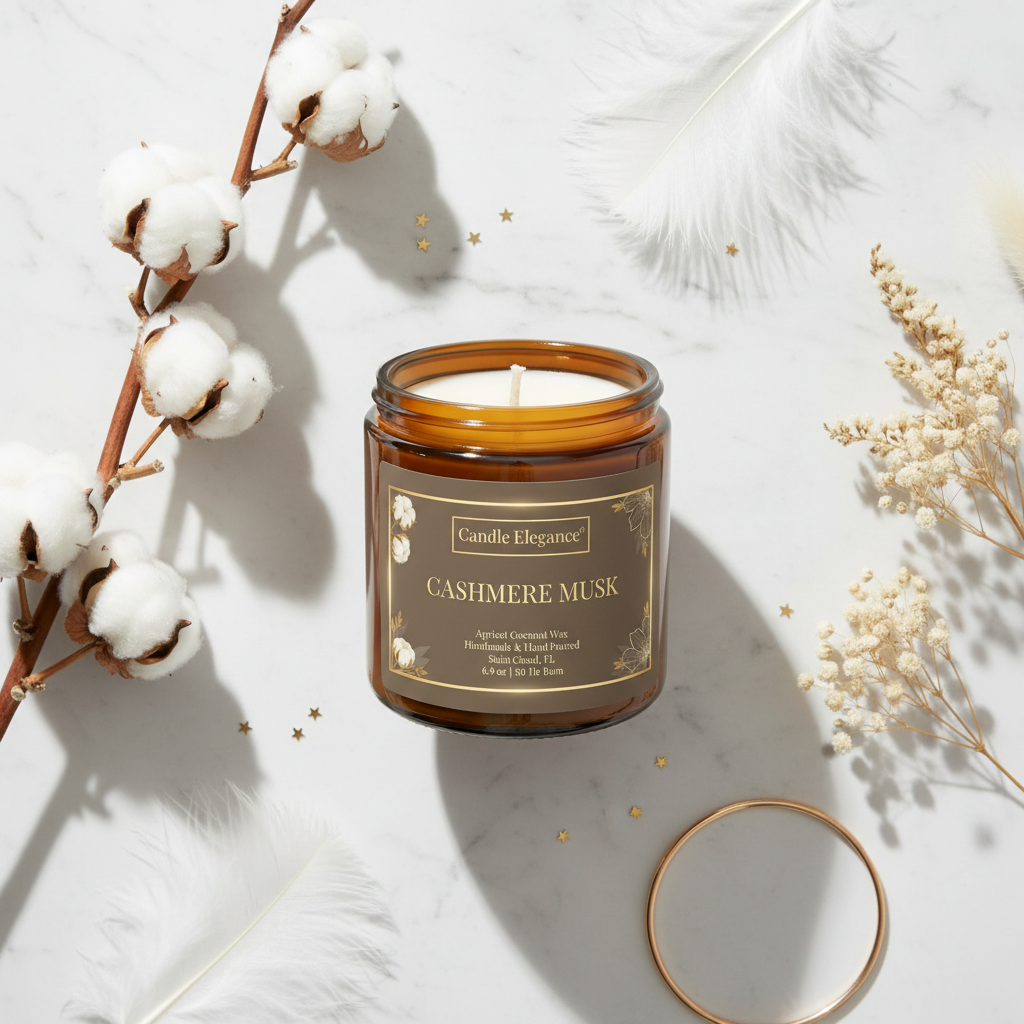 An amber glass jar candle labeled 'Candle Elegance Cashmere Musk' sits on a white marble surface with styled cotton bolls, white feathers, dried flowers, and a gold ring around it.