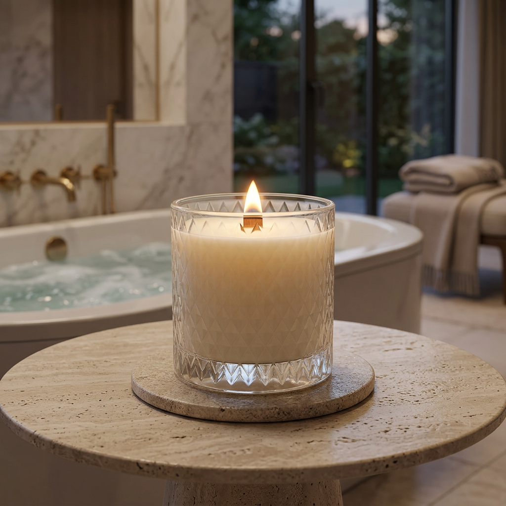 Cashmere Vanilla candle on a table near a luxurious whirlpool tub