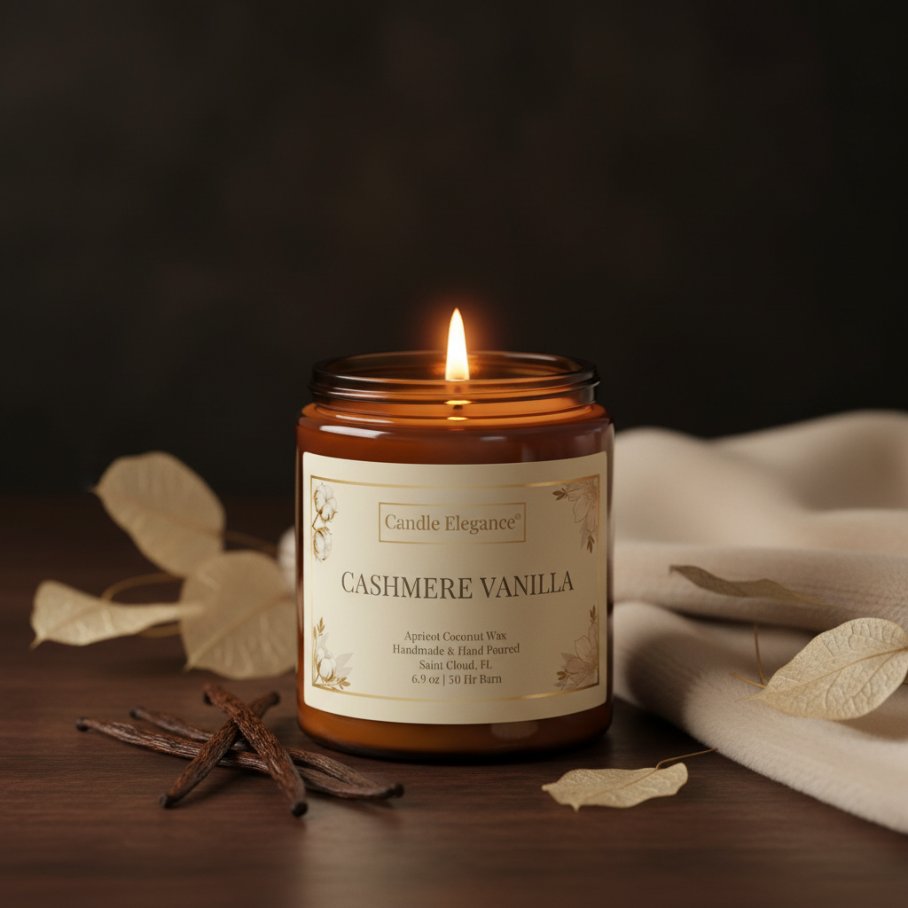 A lit amber glass jar candle labeled 'Candle Elegancee' in 'Cashmere Vanilla' scent, styled on a dark wooden surface with vanilla beans, dried leaves, and a cream fabric runner.