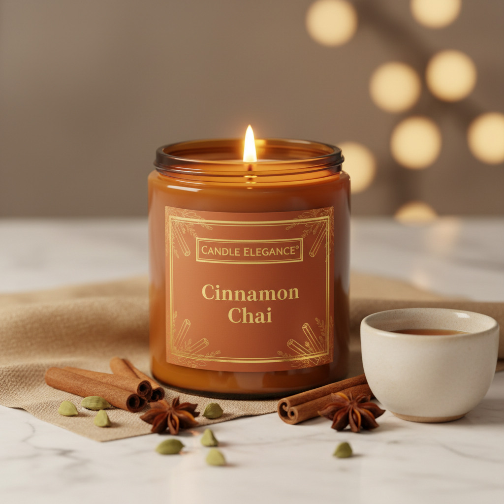 A lit amber glass candle jar labeled CANDLE ELEGANCE Cinnamon Chai sits on a marble surface with cinnamon sticks, star anise, cardamom pods, and a small cup of tea in a warm, softly blurred setting.