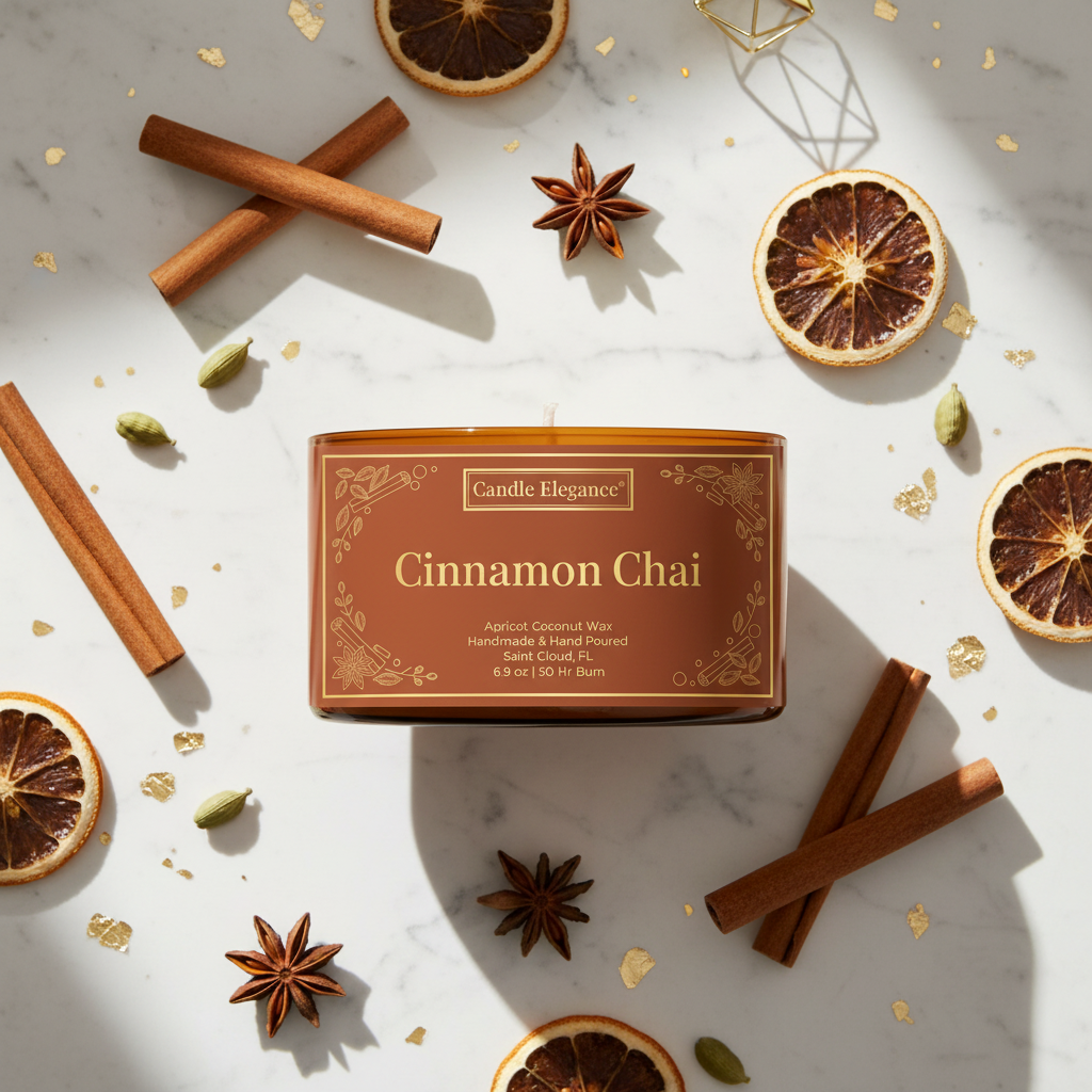 A square candle tin labeled 'Candle Elegance Cinnamon Chai' sits on a white marble surface surrounded by cinnamon sticks, dried orange slices, cardamom pods, and gold leaf flakes.