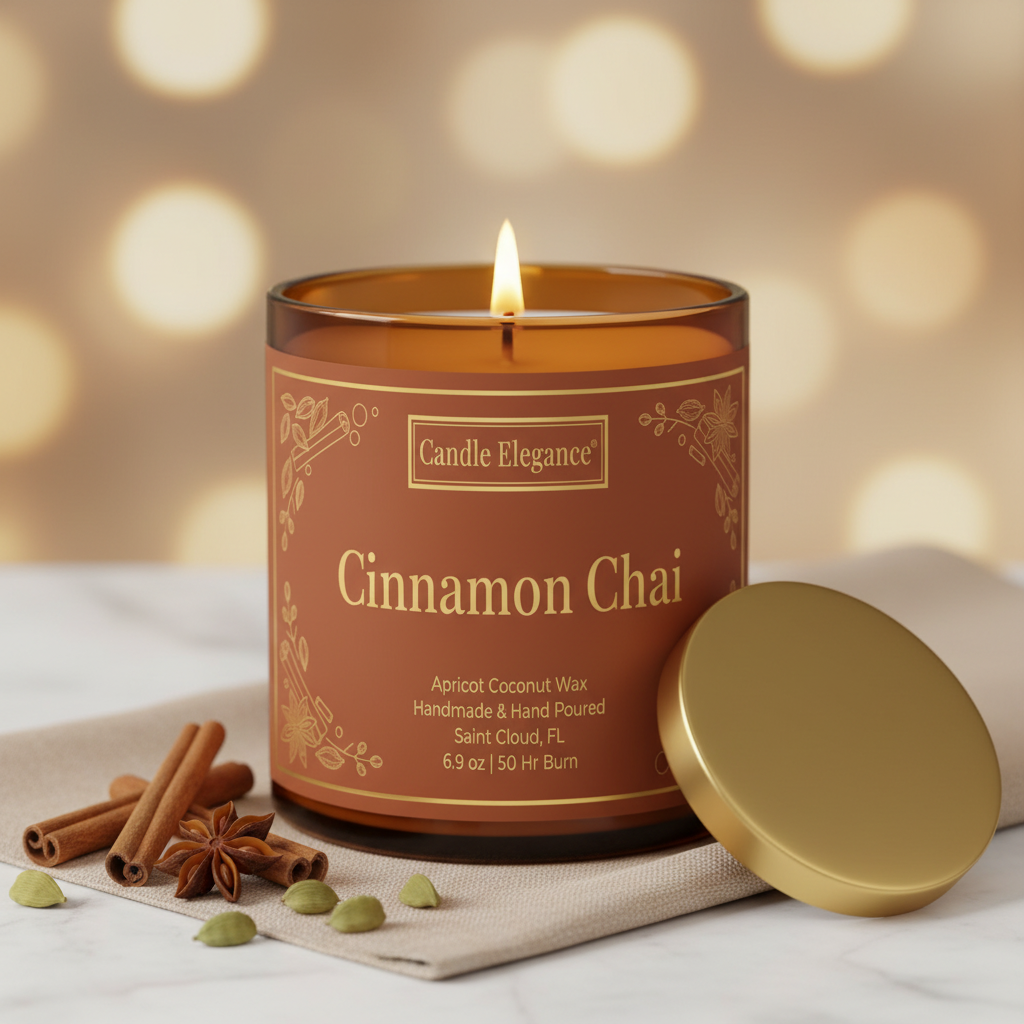 A lit amber glass candle jar labeled Cinnamon Chai by Candle Elegance, shown on a marble surface with cinnamon sticks, star anise, green cardamom pods, and a gold lid beside it against a warm bokeh background.