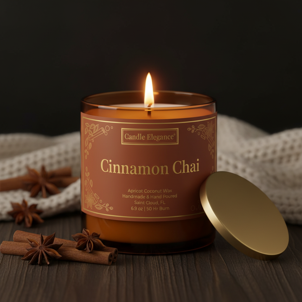 A lit Candle Elegance Cinnamon Chai scented candle in a clear glass jar with a warm brown label, shown on a dark wooden surface with a gold lid leaning beside it and cinnamon sticks and star anise nearby.